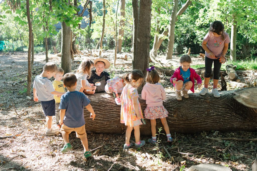 preschool children exploring a fallen tree with their teacher