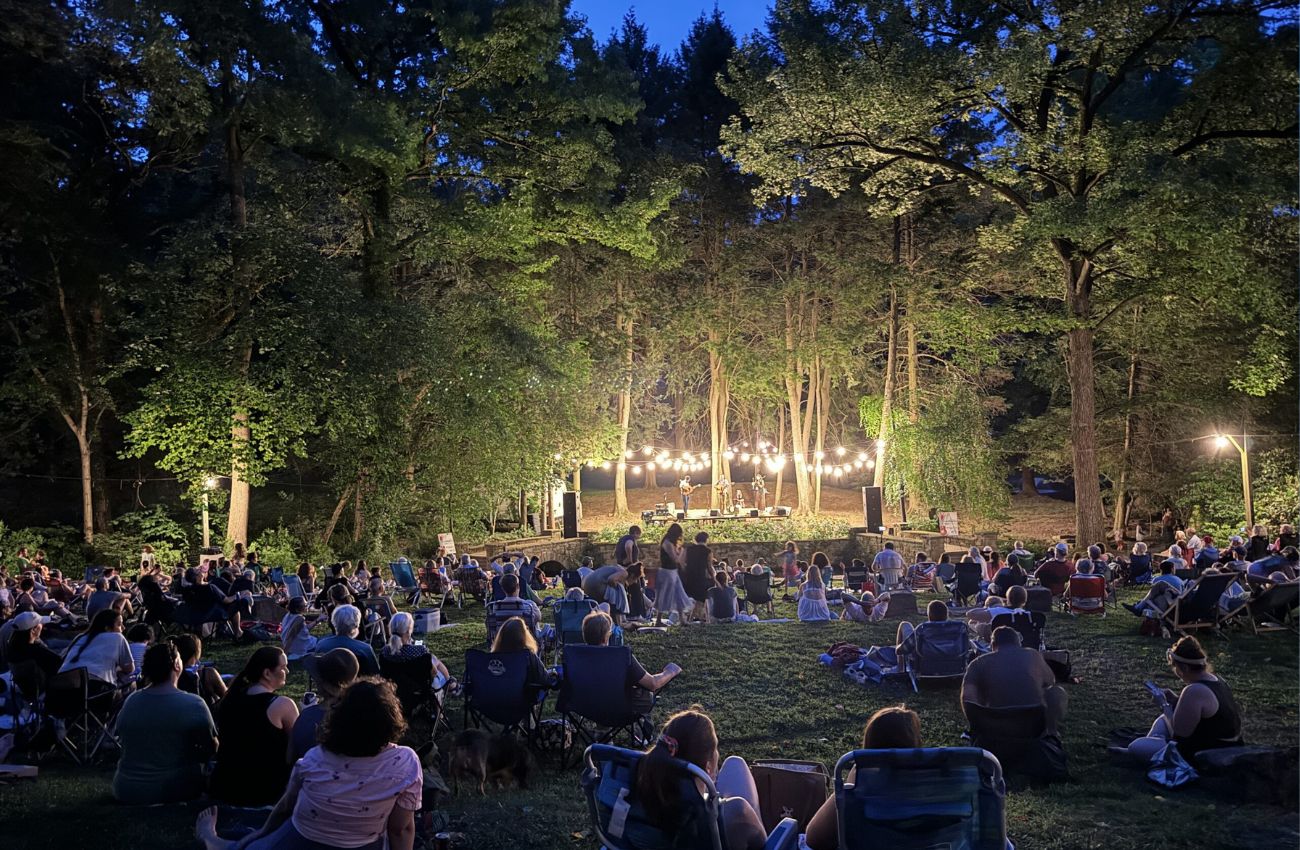 Glowing lights in the trees at twilight during a Pastorius Park Summer Concert performance.