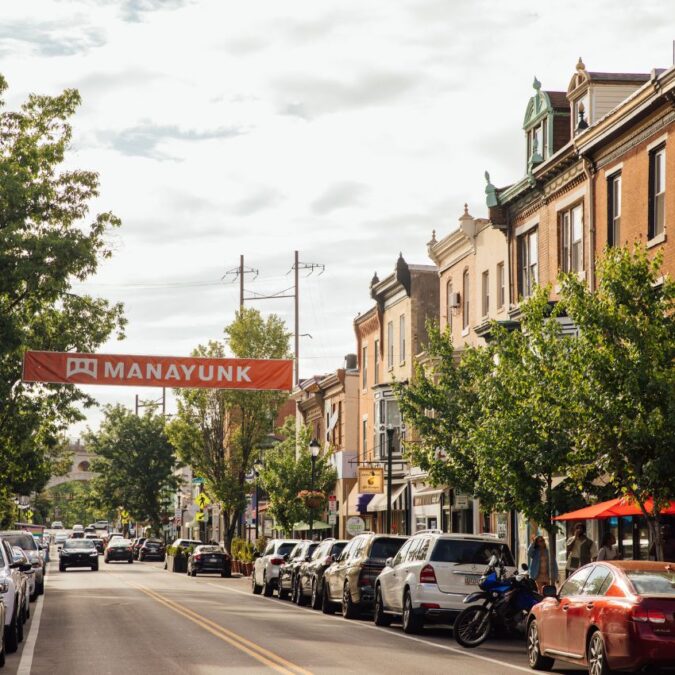 A sunny day on Main Street in Manayunk, Philadelphia.