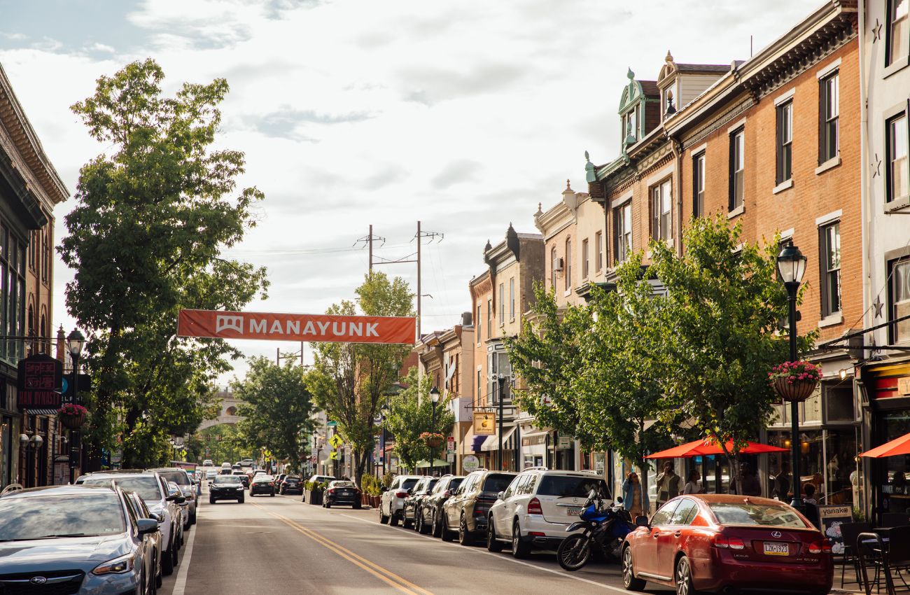 A sunny day on Main Street in Manayunk, Philadelphia.