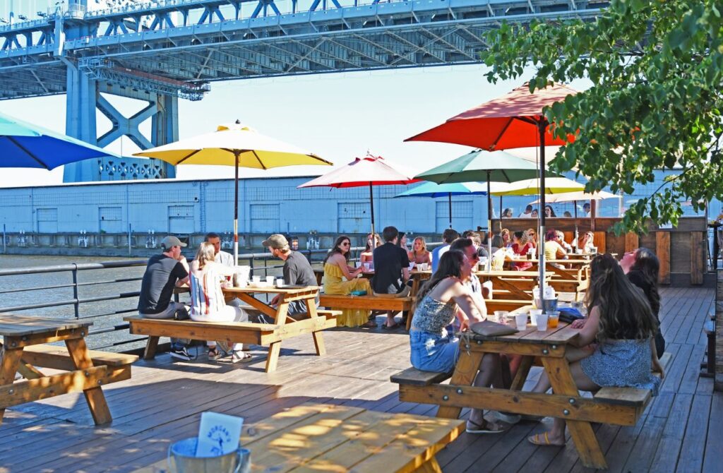 A sunny day on the deck at Morgan's Pier in Philadelphia next to the Ben Franklin Bridge.
