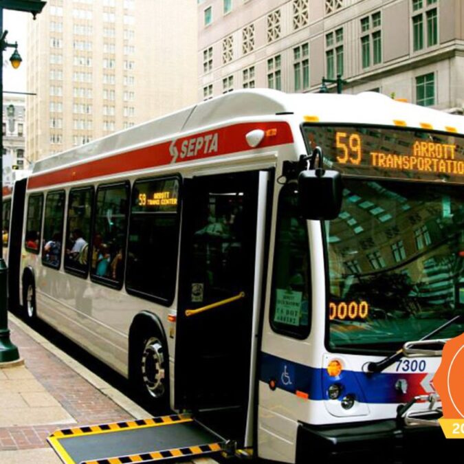 A SEPTA bus with an accessible ramp is waiting for passengers in center city Philadelphia