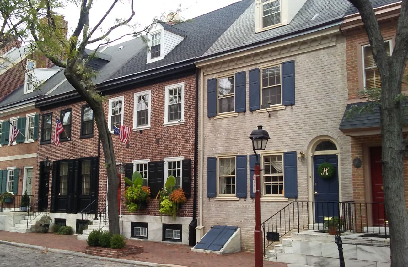 Colonial-era row houses along a street in Philadelphia.