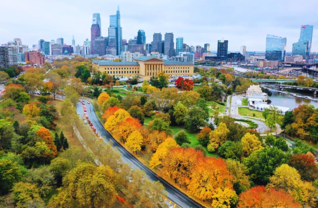 An aerial photo of the fall foliage in Philly along Kelly Drive. Photo courtesy of Bucketlisters.com.