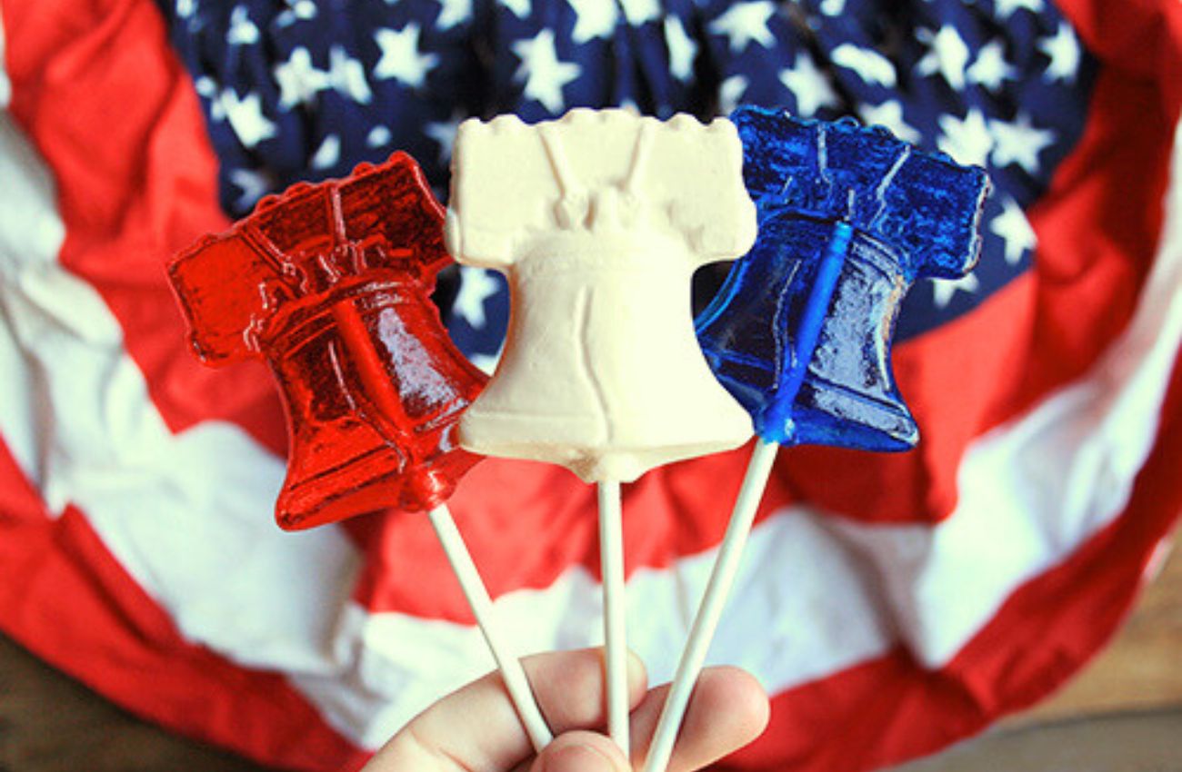 Red, white and blue Liberty Bell candy pops at Shane Confectionery in Philadelphia.