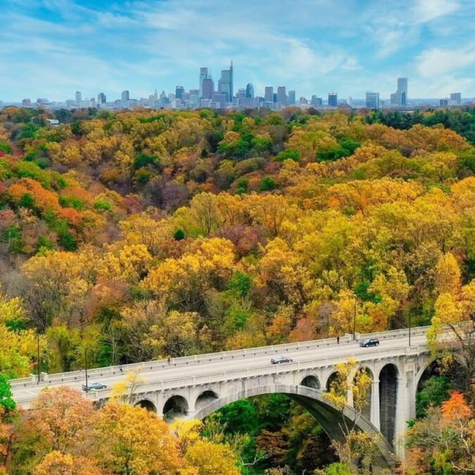 Wissahickon Valley Park from the air in full fall color. Photo courtesy of @skylinevisuals on Instagram.