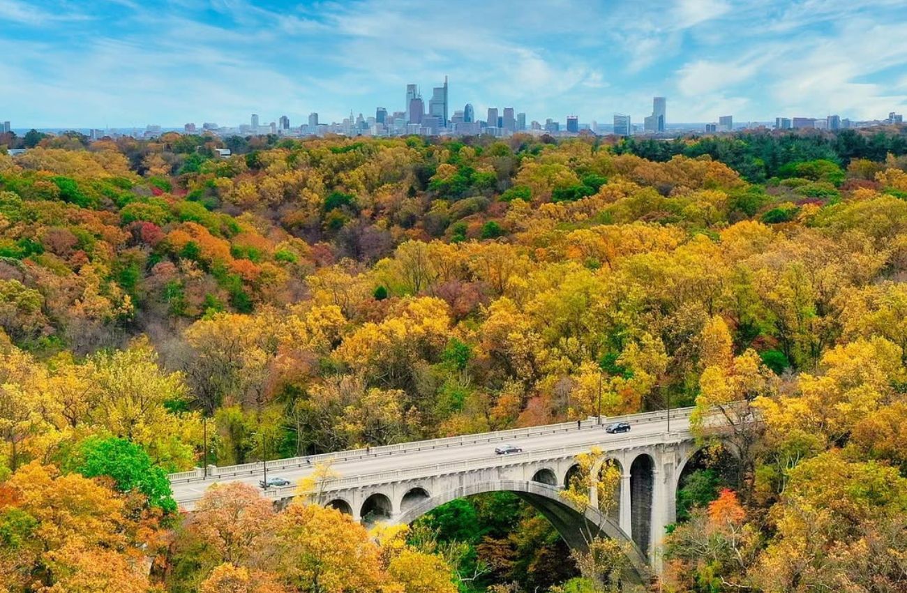 Wissahickon Valley Park from the air in full fall color. Photo courtesy of @skylinevisuals on Instagram.