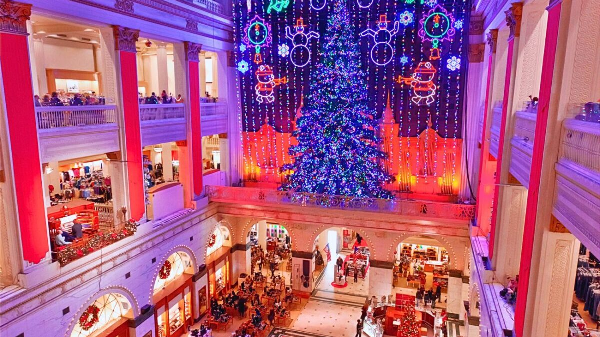 Inside the Grand Court during the Wanamaker Holiday Light Show.