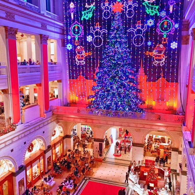 Inside the Grand Court during the Wanamaker Holiday Light Show.