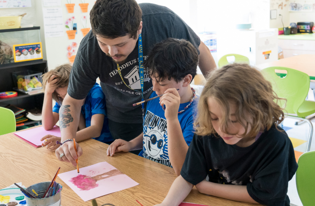 Elementary school kids paint with an instructor at the Summer at AIM camp program.  